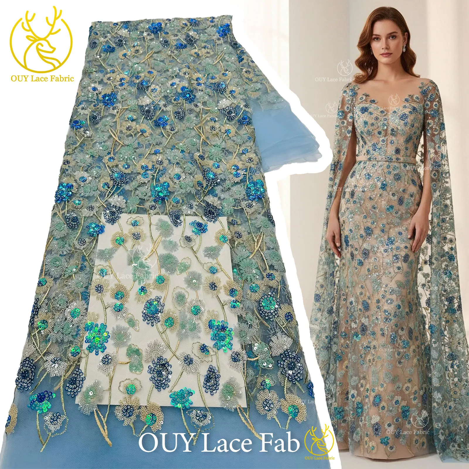 

Luxury African Sequins Lace Fabric 5 Yards High Quality French Nigerian Embroidery Tulle Lace For Wedding Party Bridal Dress