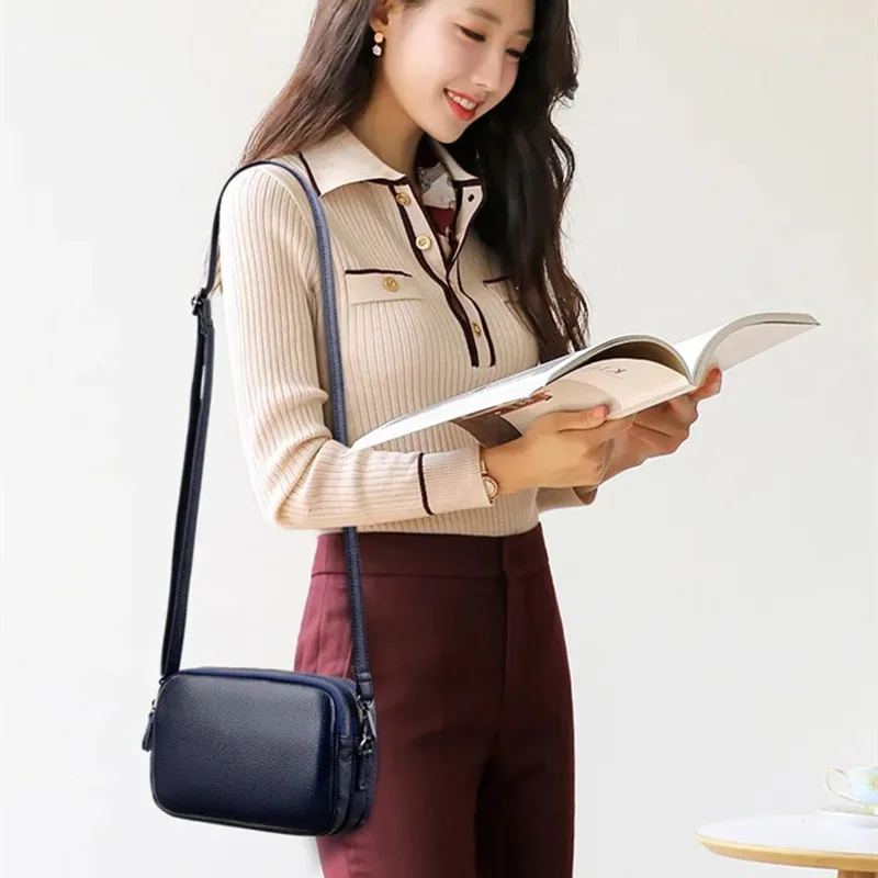 2024 Genuine Leather for Women New Fashionable Casual Small Square Messenger Handbag Top Layer Cowhide Shoulder Crossbody Bag