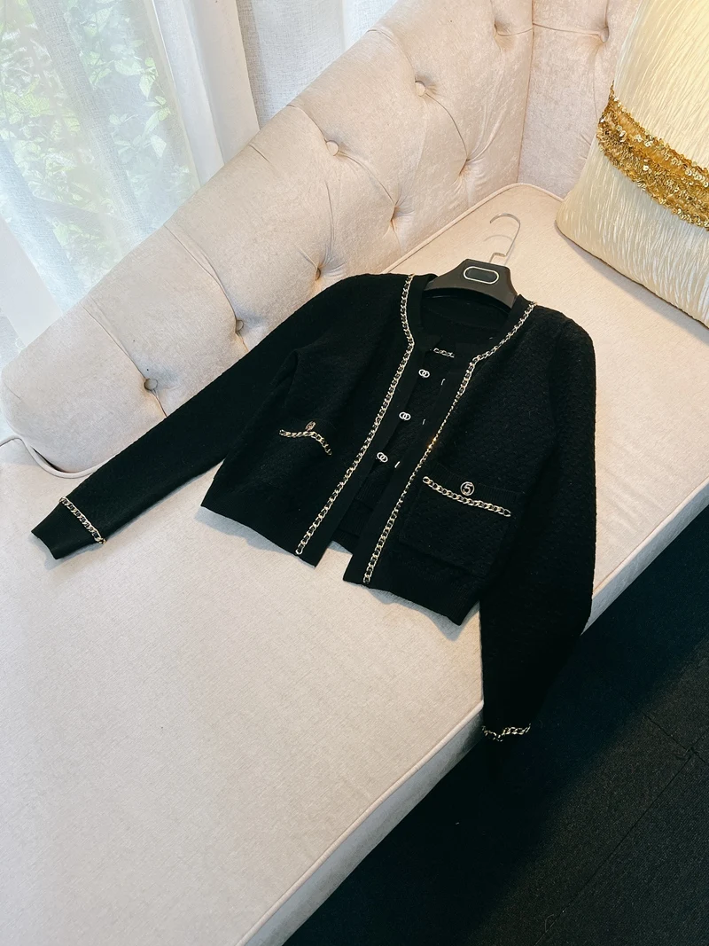 

Bla Gold Chain Vest Knitted Two-Piece Set Sweater Ele Ladylike Rich Girl Feel Knitwear Straight Cut Long Sve Button up