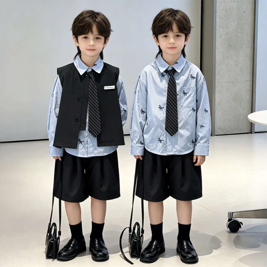 Toddler Boys Formal Suit Kids Gentleman Outfit for Wedding Ring Bearer Birthday Graduation Party with Striped Shirt Vest Shorts