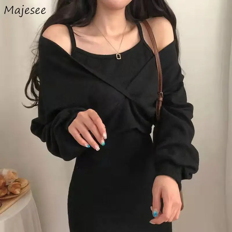 

Sets Women French Style Temper Cozy Solid Sexy Street Wear All-match Simple New Design Casual 2 Pcs Long Sleeve Autumn Popular