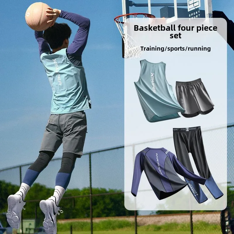 

Men's Basketball Uniform 4pcs Set Training Equipment Compression Base Layer Long Sleeve Jersey Quick-Dry Vest Men Sweatsuits Set