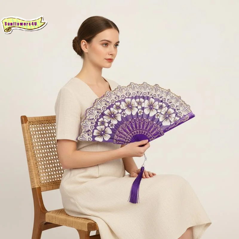 Chinese-Style Flowers Folding Fan For Performances & Hanfu Photos With Elegant Floral & Pearl Tassels Design Festive Decor