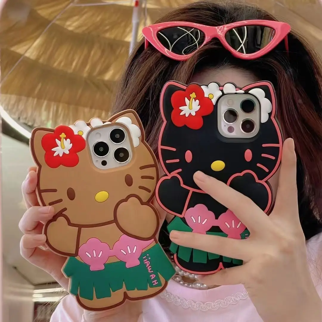 

Hello Kitty Phone Case For iPhone 17 16 15 14 13 12 11 Pro Max Plus 17 Pro Hawaiian Hula Skirt Kitty Silicone Phone Cover