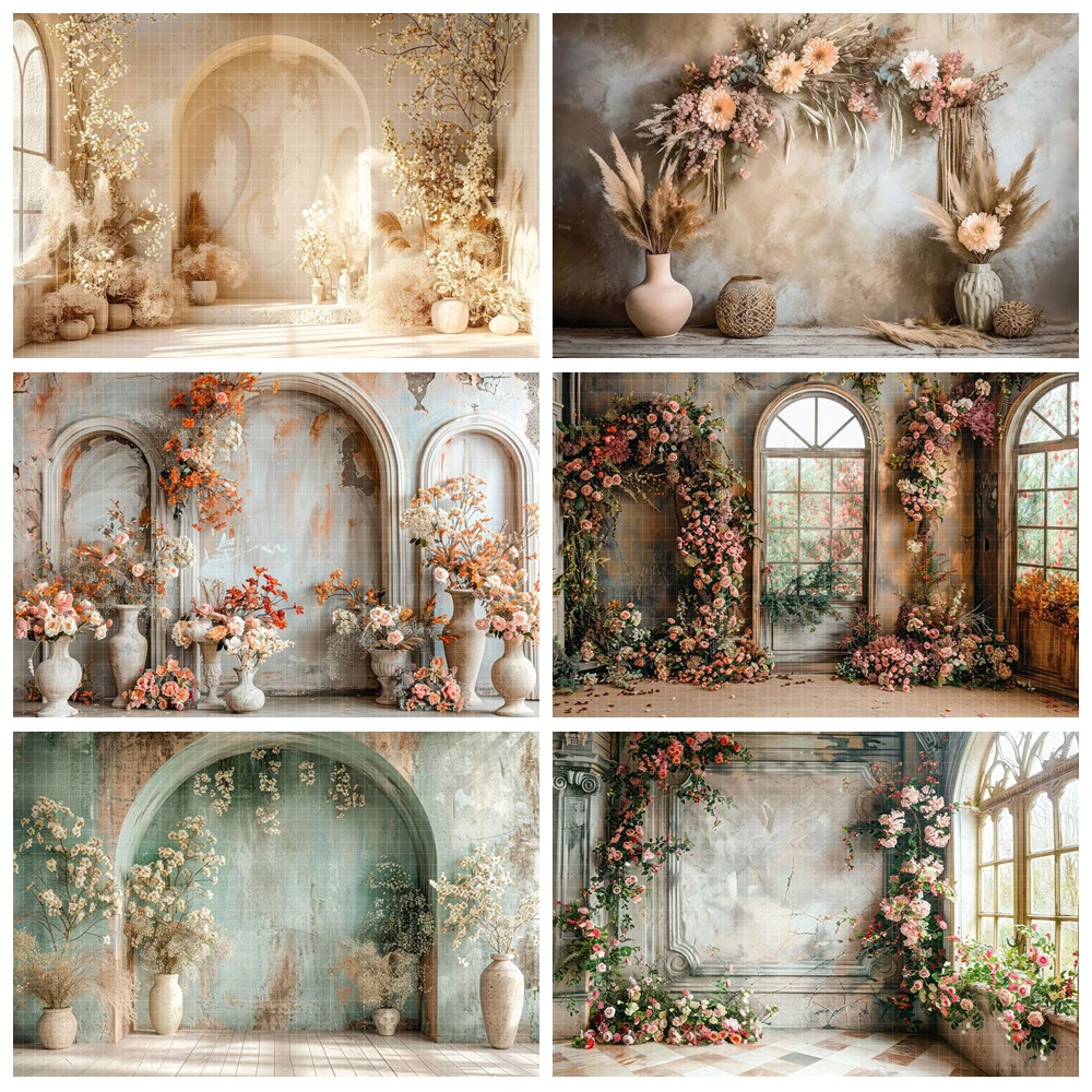 

Vintage Interior Window Curtain Flowers Wedding Backdrop Decor Pregnant Newborn Portrait Photography Background Studio Props