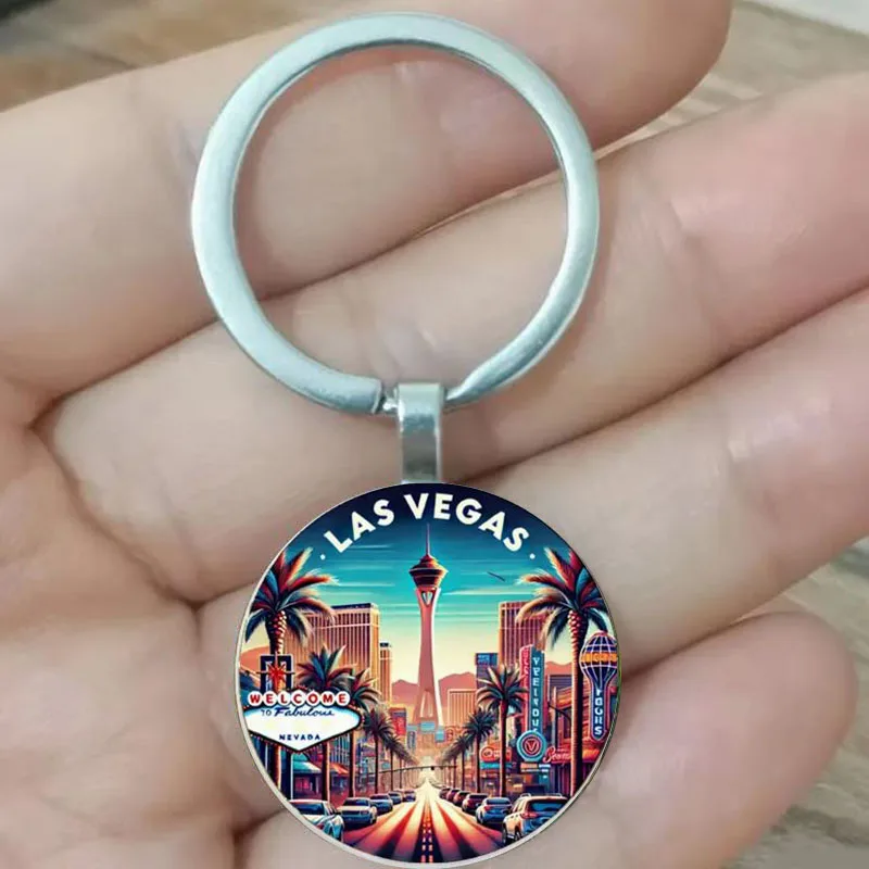 Llavero retro de Las Vegas: un recuerdo de metal duradero para cumpleaños, vacaciones, viajes y accesorios de viaje, con mini cit