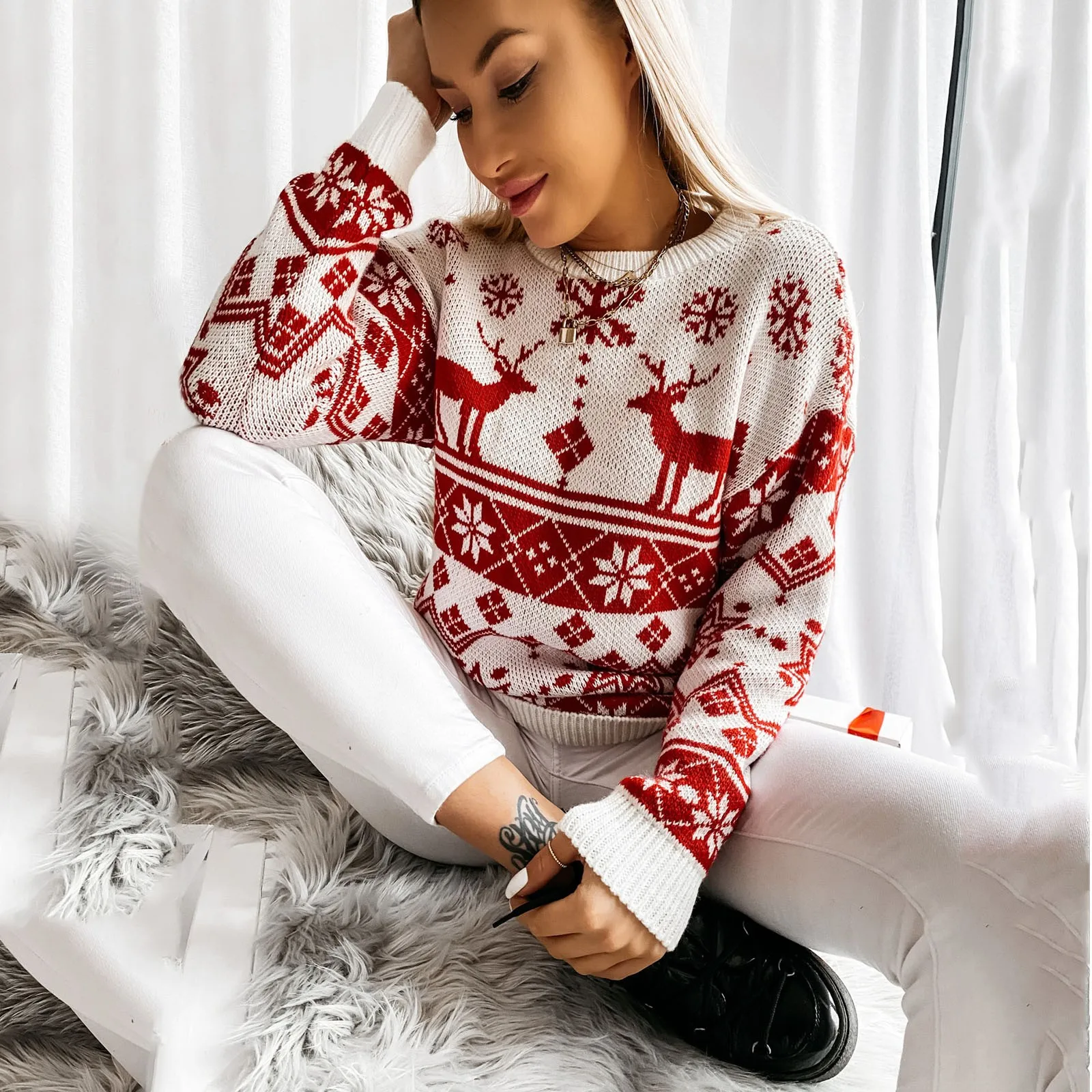 Family Christmas Sweater Winter Snowflake Print Warm Long Sleeve Round Neck Pullovers Knitted Tops Parent Child Outfit Tops