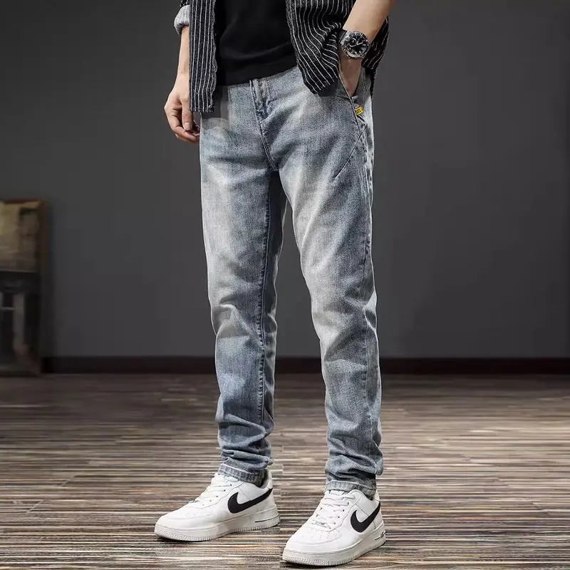Fashion Designer Men Jeans Retro Blue Elastic Slim Fit Spliced Vintage Jeans Men Korean Style Casual Denim Pencil Pants Hombre