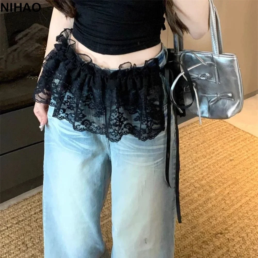 Fashion Balletcore Lace Mini Skirts Korean Style Y2k Ruffle Skirts Short Flower Butt Curtain Women
