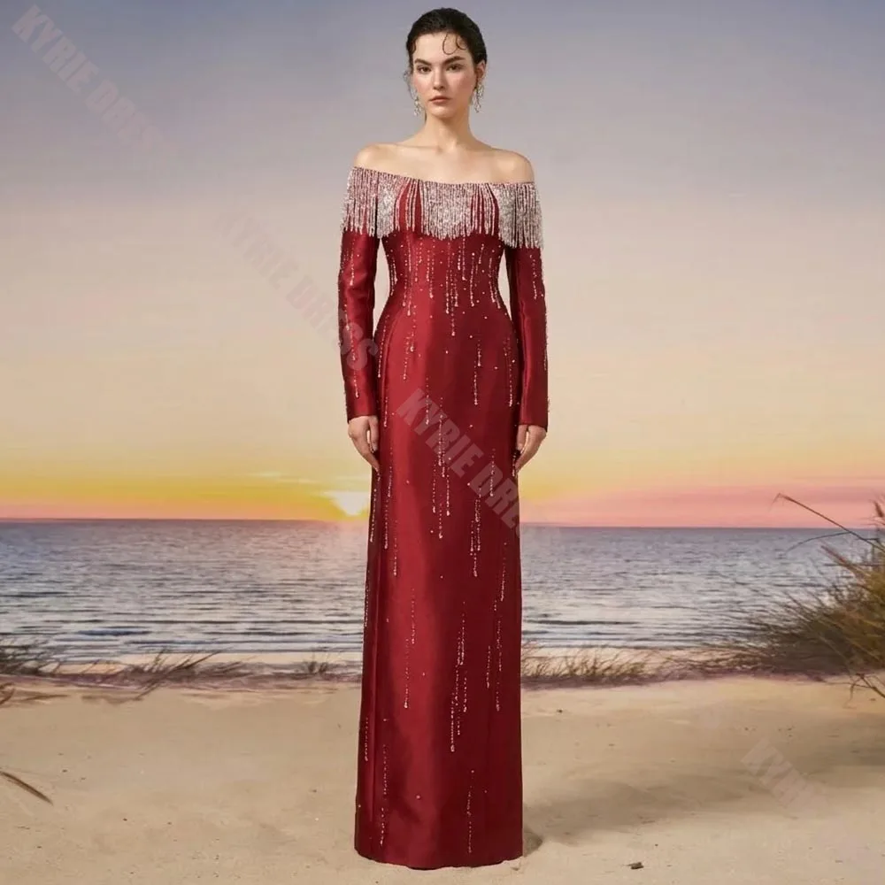 Customized Formal Evening Dresses Off The Shoulder Full Sleeves Beading Women Wedding Guest Dresses Floor Length Prom Party Gown