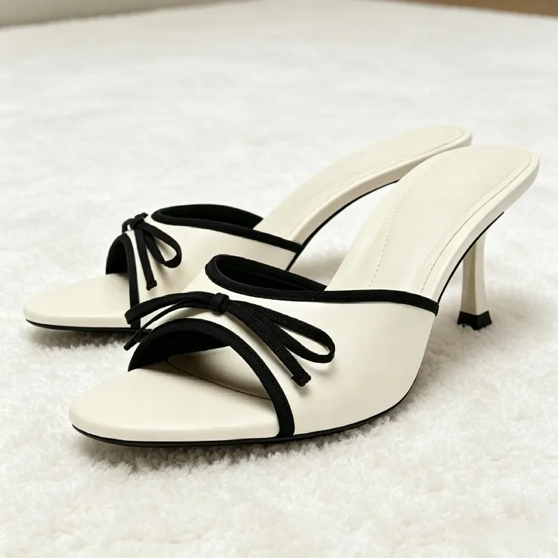 

Sweet Bow Detail Mule Sandals for Women Fashion Contrasting Binding Round Toe Open-Toe Slide Sandals Elegant banquet dress shoes