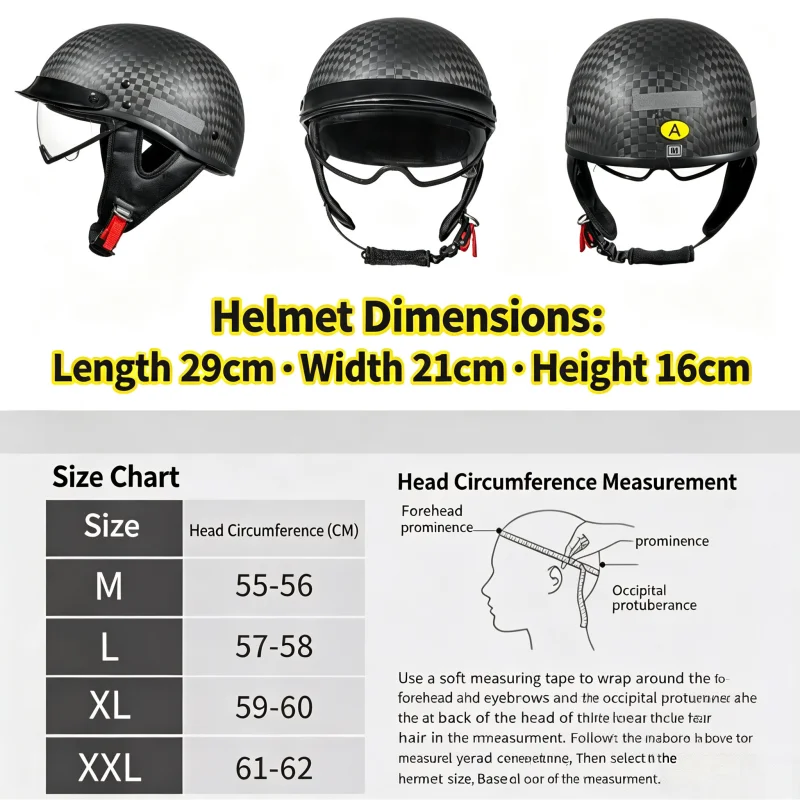 Carbon Fiber Retro Motorcycle Helmet 3C DOT Certified Unisex Half Helmet for Cruising Bikes Adult Summer Travel Headgear
