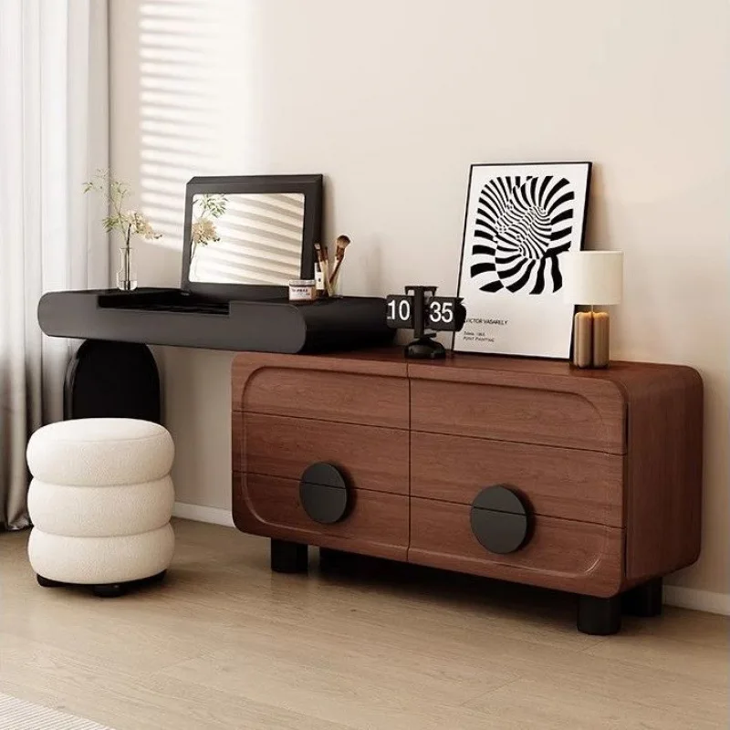 Solid woof drawers integrated cream style small apartment new clamshell makeup mirror solid wood retractable dressing table