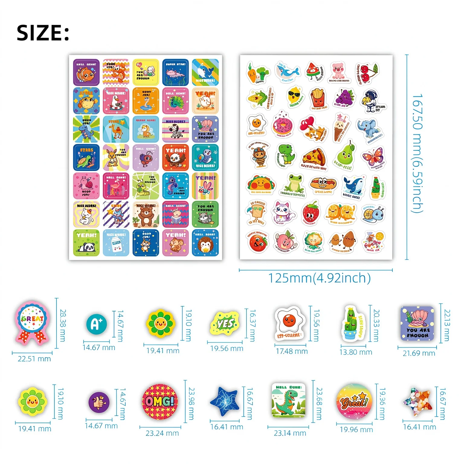 16 Sheets Reward Stickers, Motivational Cartoon Stickers for Kids & Teachers, 844 Pcs Cartoon Encouragement Stickers