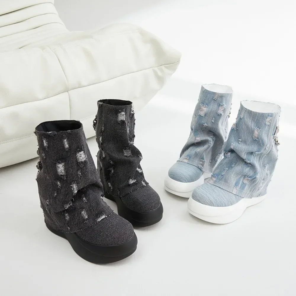 Platform Short Boots Women Autumn Winter New Versatile Washed Denim Fabric High Top Women's Shoes Design Sense Women's Boots