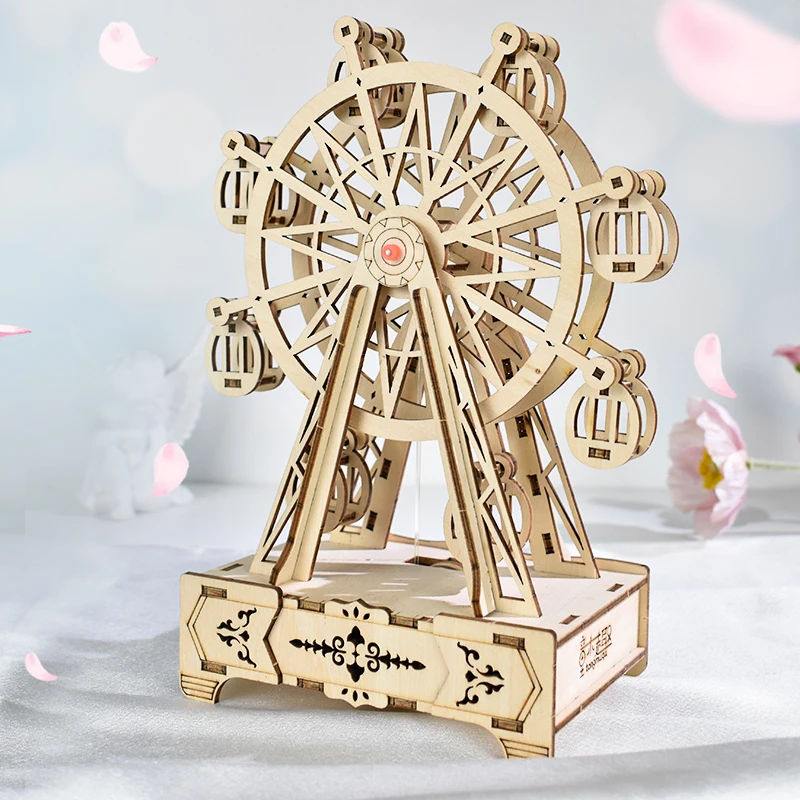 Wooden Ferris Wheel Music Box 3D Puzzle Mechanical Rotating Toy Eco-Friendly Educational Toy for Children and Adults