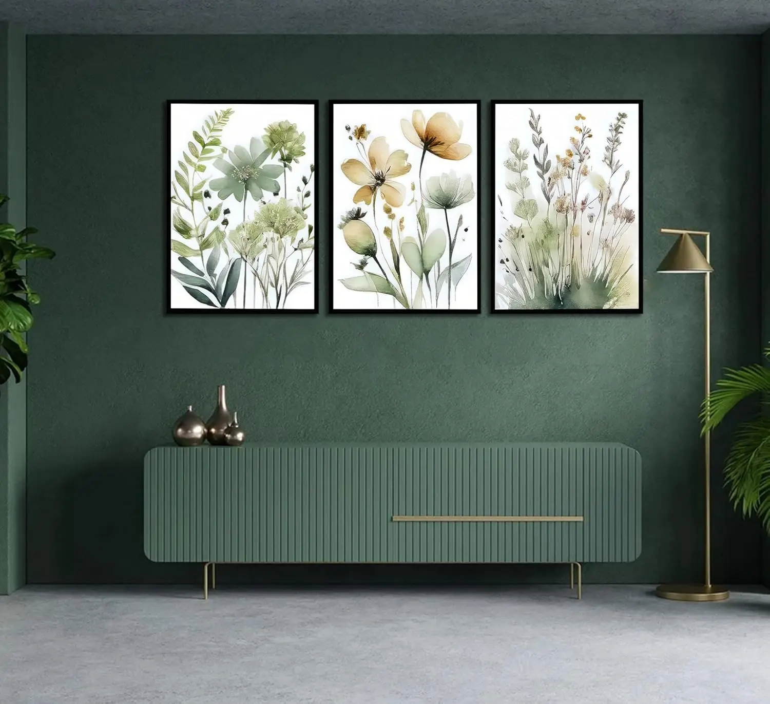 3pcs Minimalist Abstract Green Plant and Flower Canvas Poster Picture Wall Dining Room Living Room