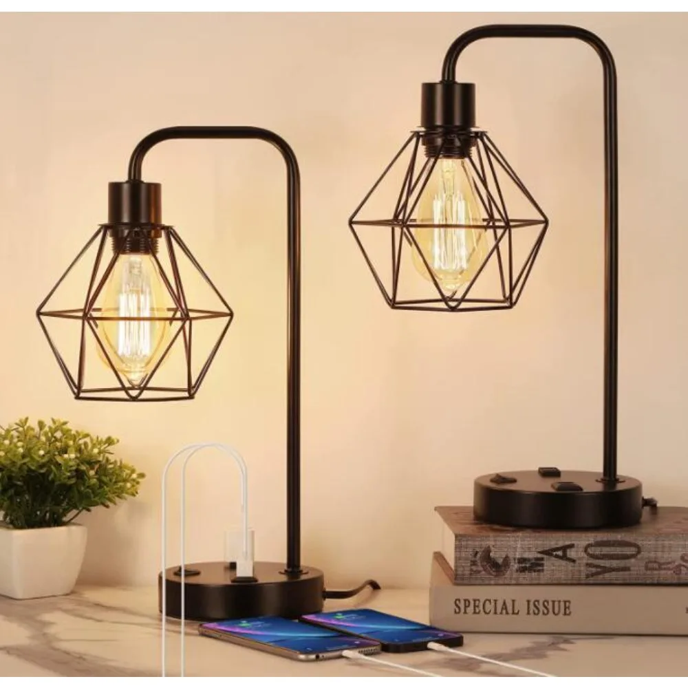 2x Industrial Desk Lamp Vintage Edison Bedside Table Lamp 2 USB Ports AC Outlet