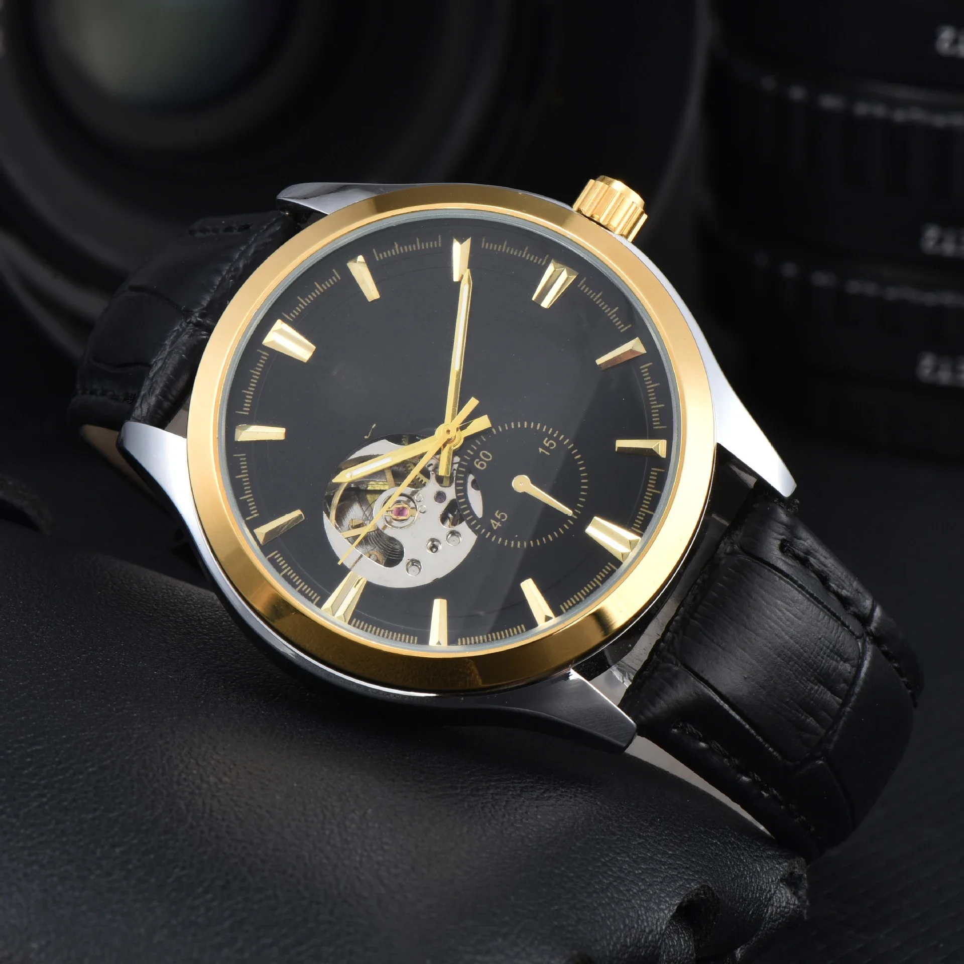 

Стильные крутые мужские деловые часы из розового золота, коричневый кожаный ремешок, прозрачная задняя крышка, мужские автоматические механические часы