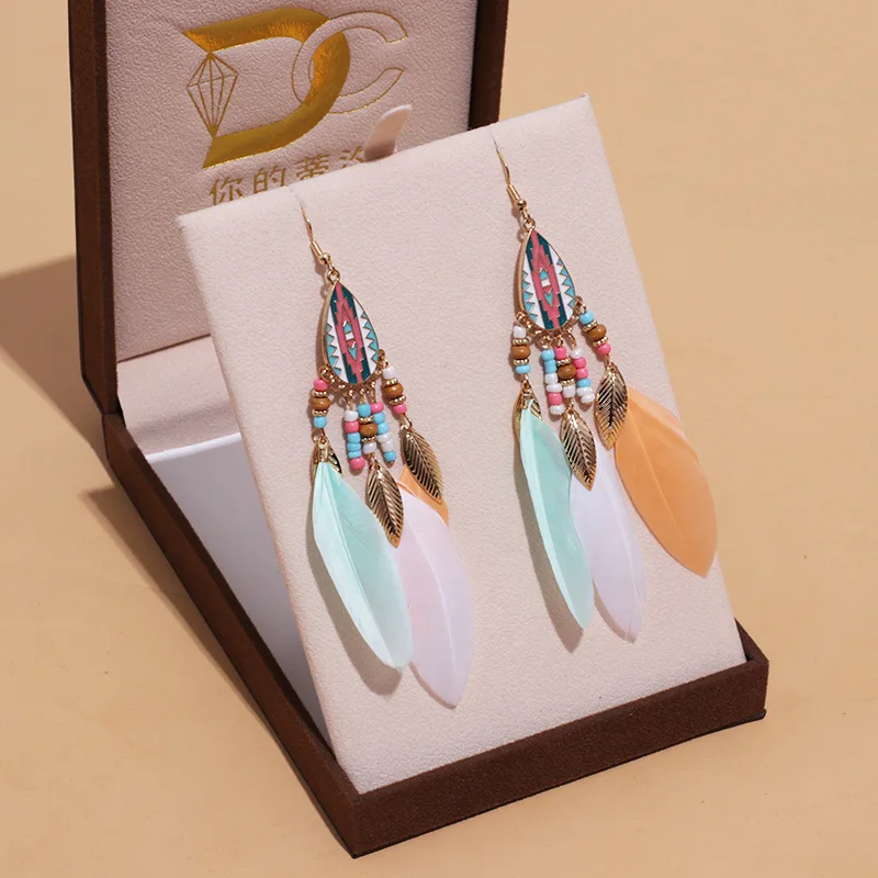 Bohemian Ethnische Lange Feder Ohrringe Boho Wasser Tropfen Gold Farbe Kette Quaste Ohrringe für Frauen Braut Hochzeit Schmuck – Detail 18