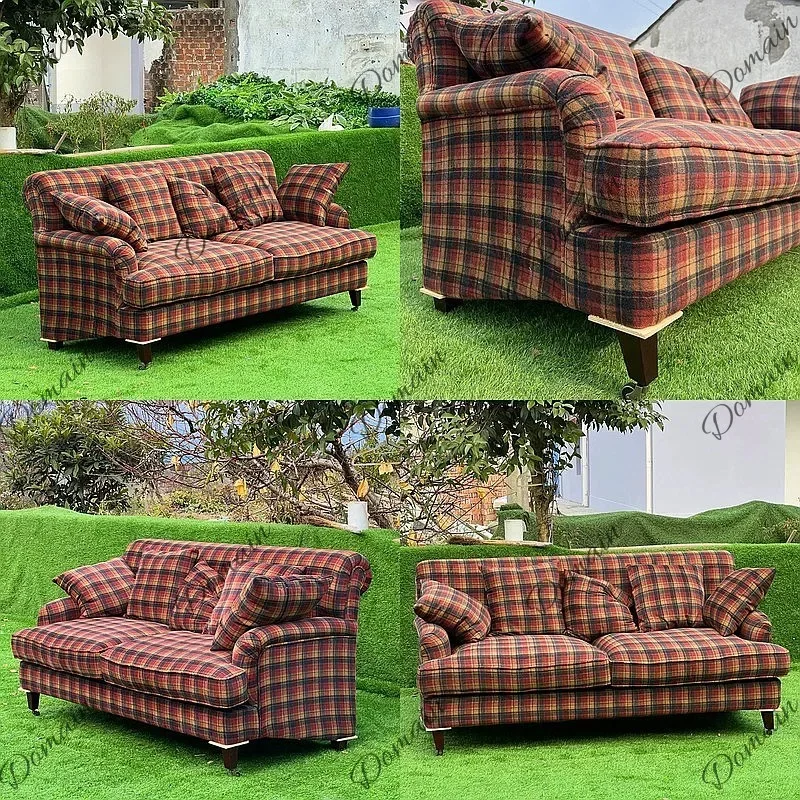 N80 Vintage Plaid Fabric Sofa 3-Seat Living Room Photography Prop French Retro Straight Sofa