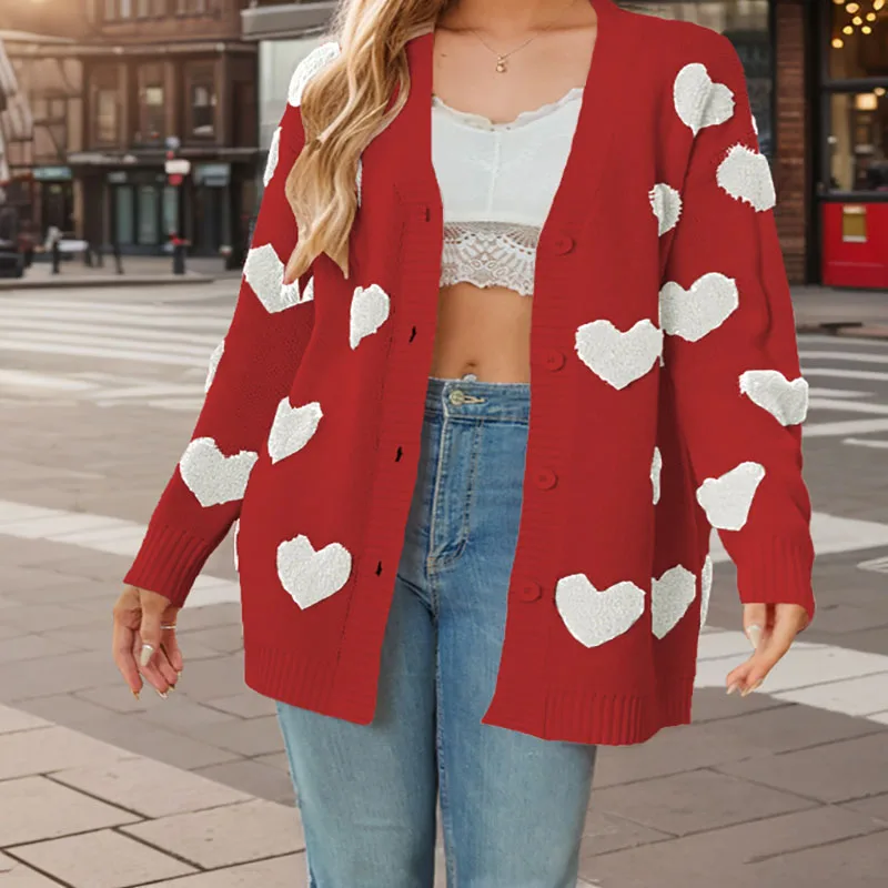 2024 New Winter Valentine's Day Women's Love Knit Versatile Lazy Casual Fashion Loose Cardigan V-Neck Button Soft Midi Jacket