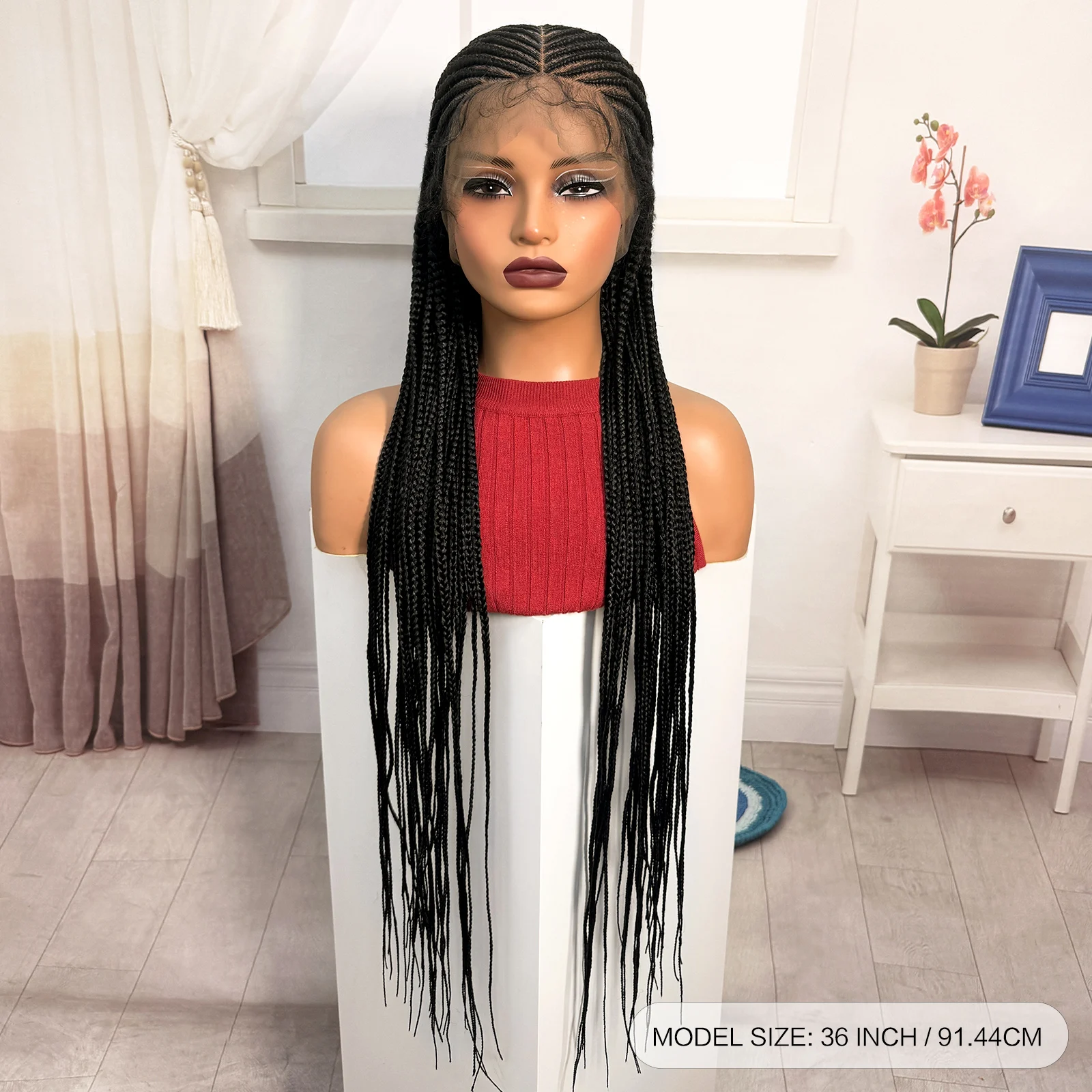 Perucas Trançadas de 36 Polegadas, Sintéticas, com Renda Completa, Tranças Box, Sem Nó, com Cabelo de Bebê para Mulheres Negras