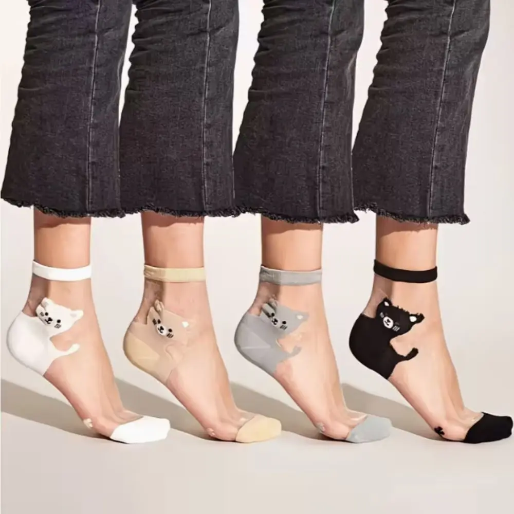 5Pairs Transparent Cat Crystal Silk Sock Non-Slip Patchwork Nylon Ultra-thin Socks Basic All-match Tube Socks for Women Female