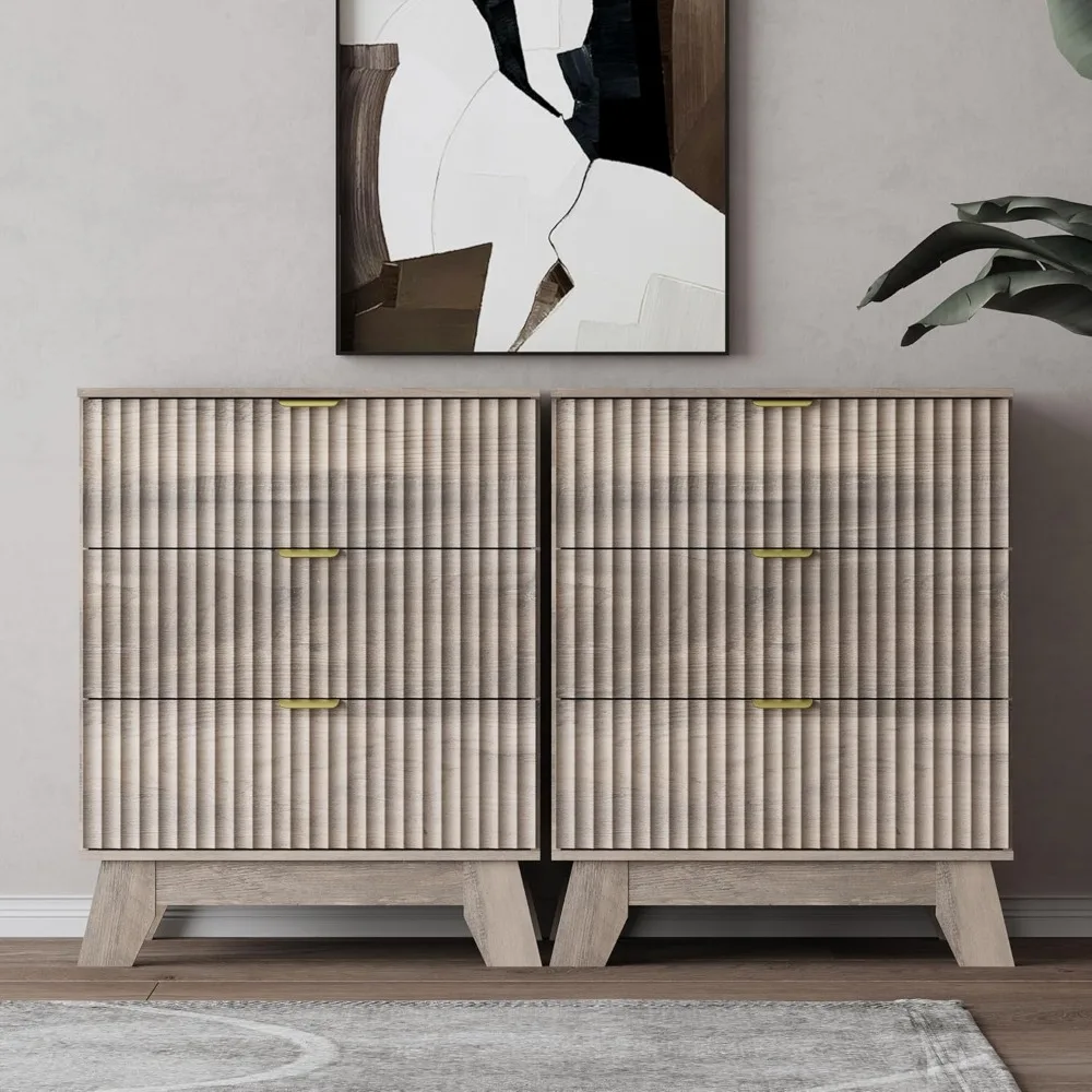 

Night Stand Set 2, Bedside Table & End Table, Mid Century Modern Fluted Wood Nightstand with 3 Drawers & Metal, Customized