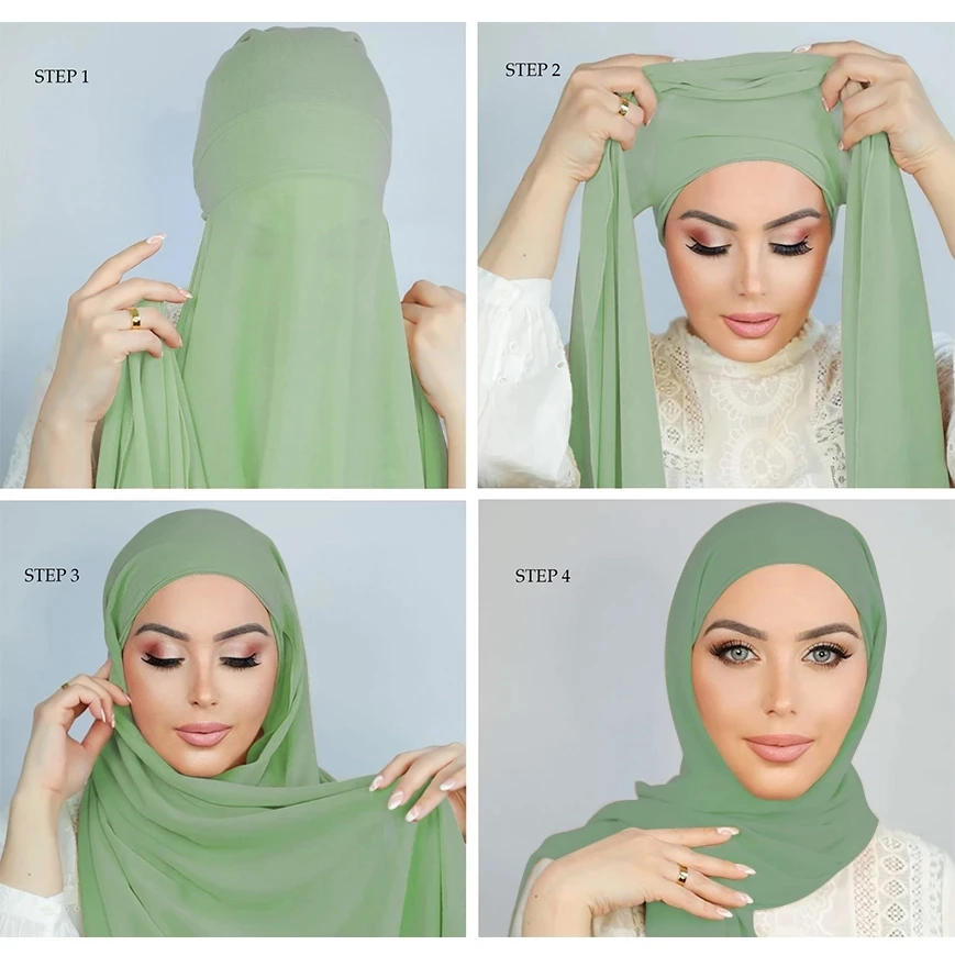 Instant Hijabs With Cap Plain Chiffon Jersey Hijab For Woman Veil Muslim Islamic Hijab Cap Scarf For Muslim Women Headscarf