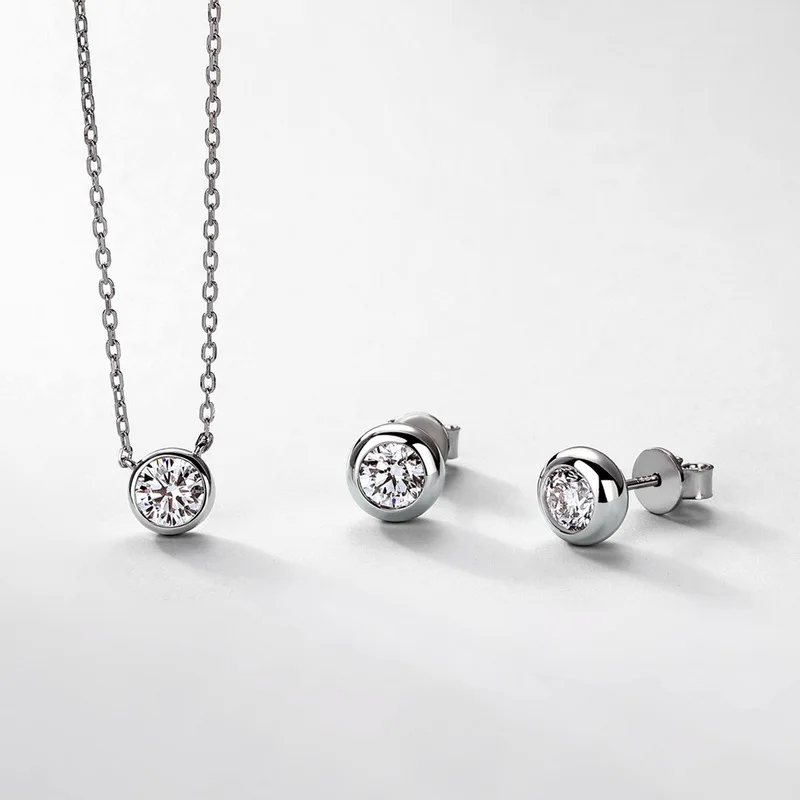 D Color Moissanite Bezel Stud Earrings 18K Gold Plated Pendant Necklace 925 Sterling Silver Gemstone Jewelry Set Customs Jewelry