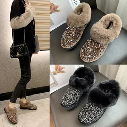 Soft Fur Women's Shoes Platform All-Match Round Toe Crystal Casual Female Sneakers Clogs Moccasin New Glitter Winter Snow Boots