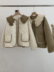 Vintage Kawaii Cotton Padded Jacket Women Japanese Ruffled Peter Pan Collar Sexy Parka Winter Tops Warm Patchwork Quilted Coat