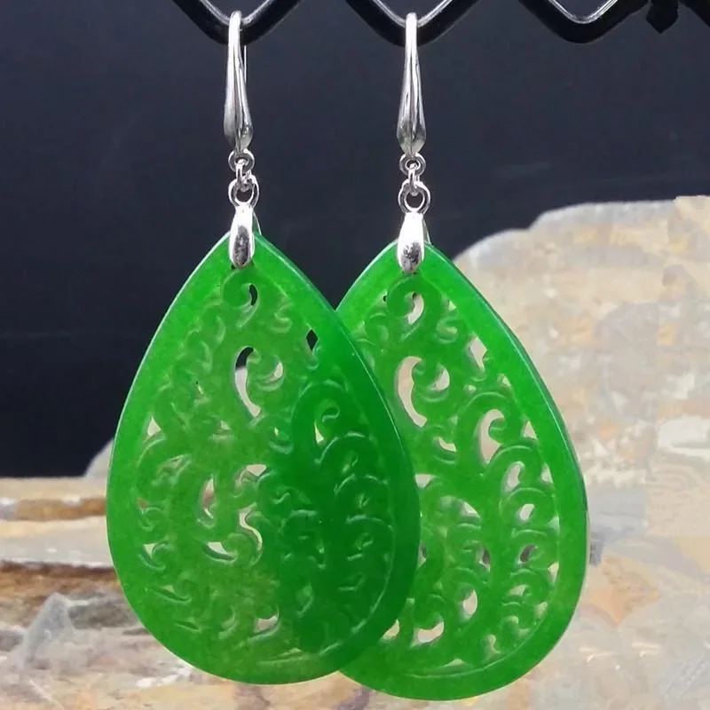 Original Natural Green Jade Emerald Hollow Out Earrings Jewellery Fashion Accessories DIY Hand-Carved Woman Amulet Customized