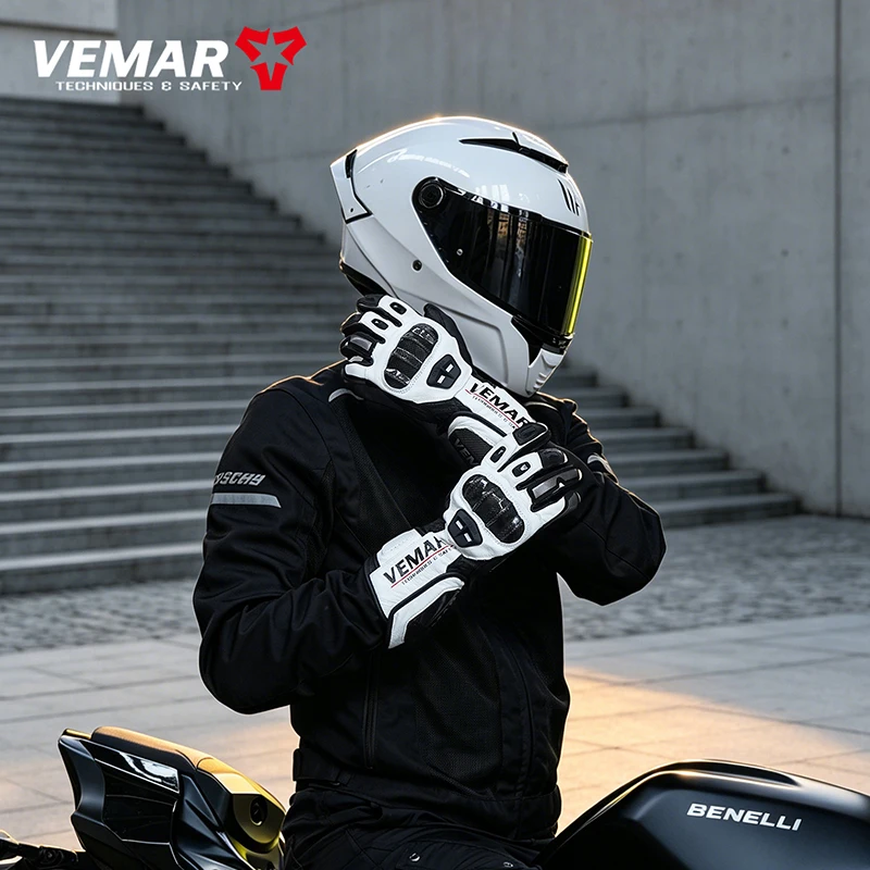 VEMAR Four Season Retro Motorcycle Gloves Men Genuine Leather Touch Screen Gloves Anti-Slip Anti-Fall Racing Riding Moto Gloves