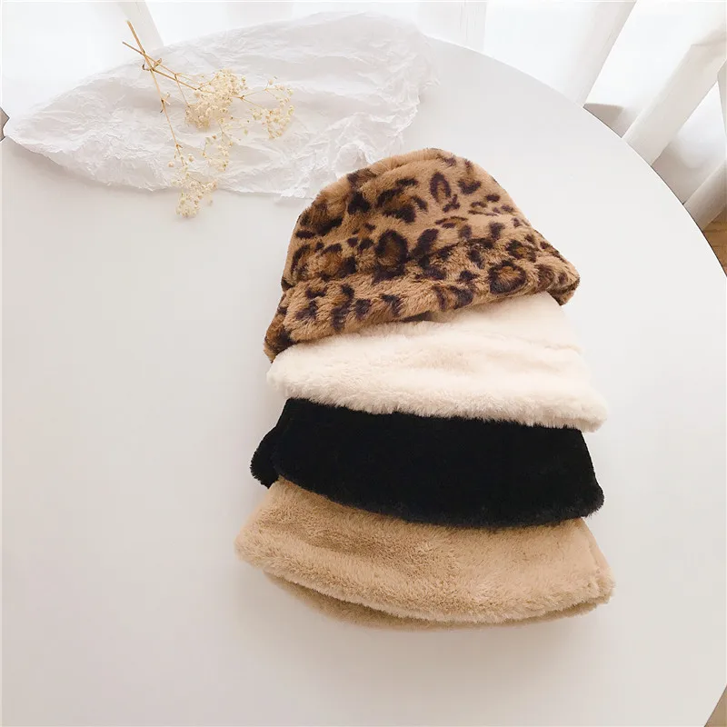 Korean Winter Baby Plush Bucket Hat Solid Faux Fur Warm Kids Fisherman Cap Cute Cartoon Leopard Print Warm Toddler  Hat for Kids