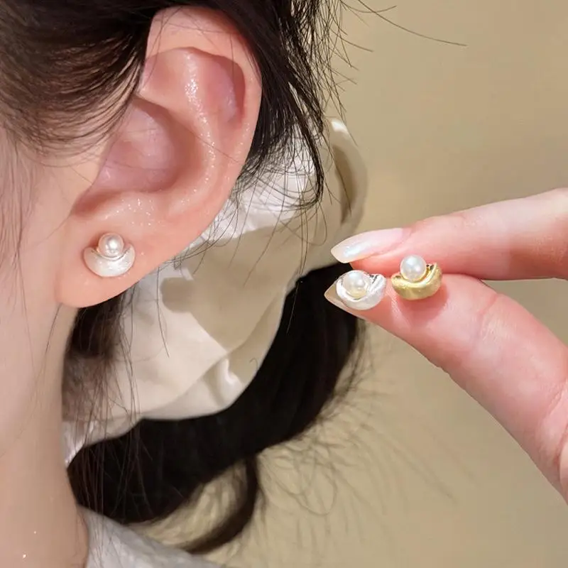 Ingot Shaped Faux Pearl Stud Earrings Matte Gold Silver Plated Non-tarnish for Ladies Daily Date Gift