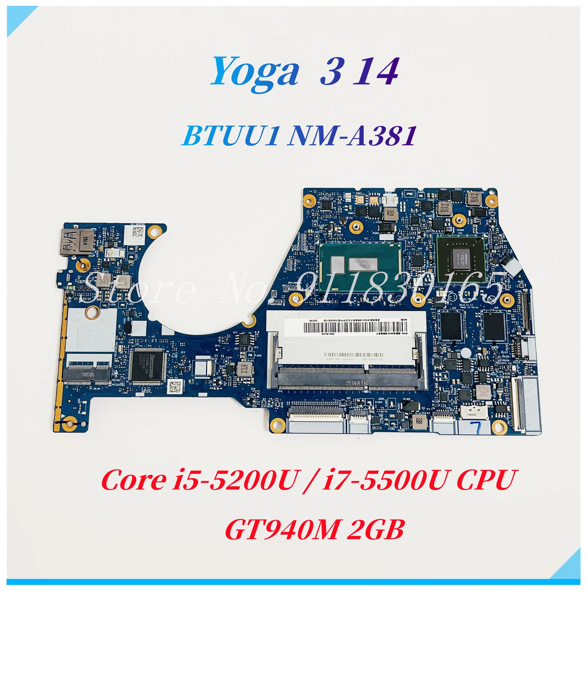 

NM-A381 5B20H35674 5B20H35684 For Lenovo YOGA 3 14 Laptop Motherboard With i3-5005U i5-5200U i7-5500U CPU GT940M 2G GPU DDR3L