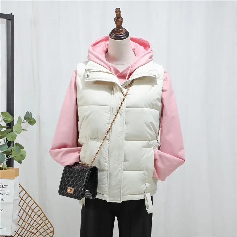 Short Solid Color Parka Vest Autumn Winter Jacket Women New Casual Stand Collar Warm Sleeveless Coat Ladies Outwear Tops