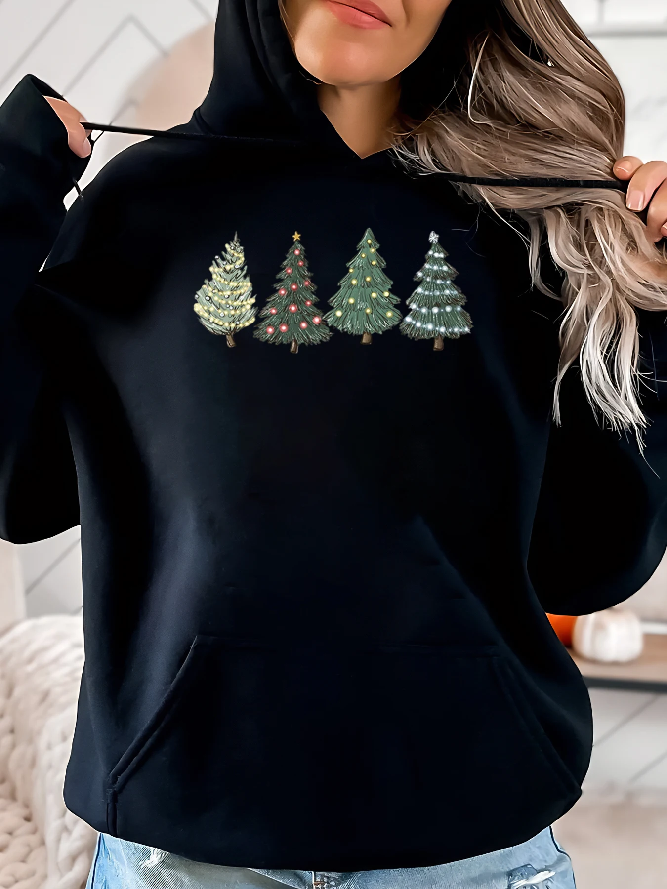 Sudadera con capucha navideña con estampado de árbol de Navidad para mujer, traje informal de invierno, color negro, talla grande