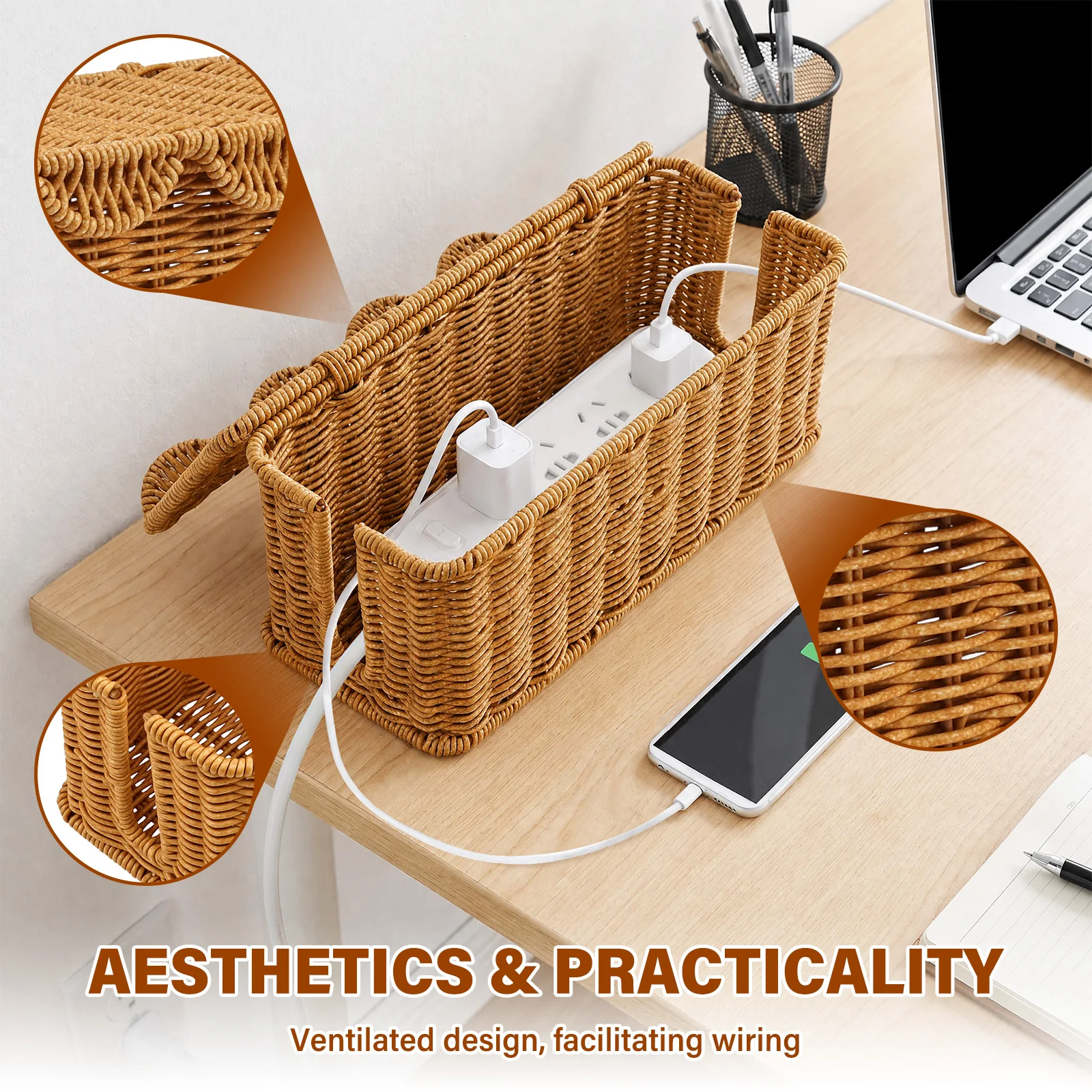 Handcrafted Rattan Cable Management Box Cords Hider Storage Office Desk Charger Socket Network Cord Organizer view 5
