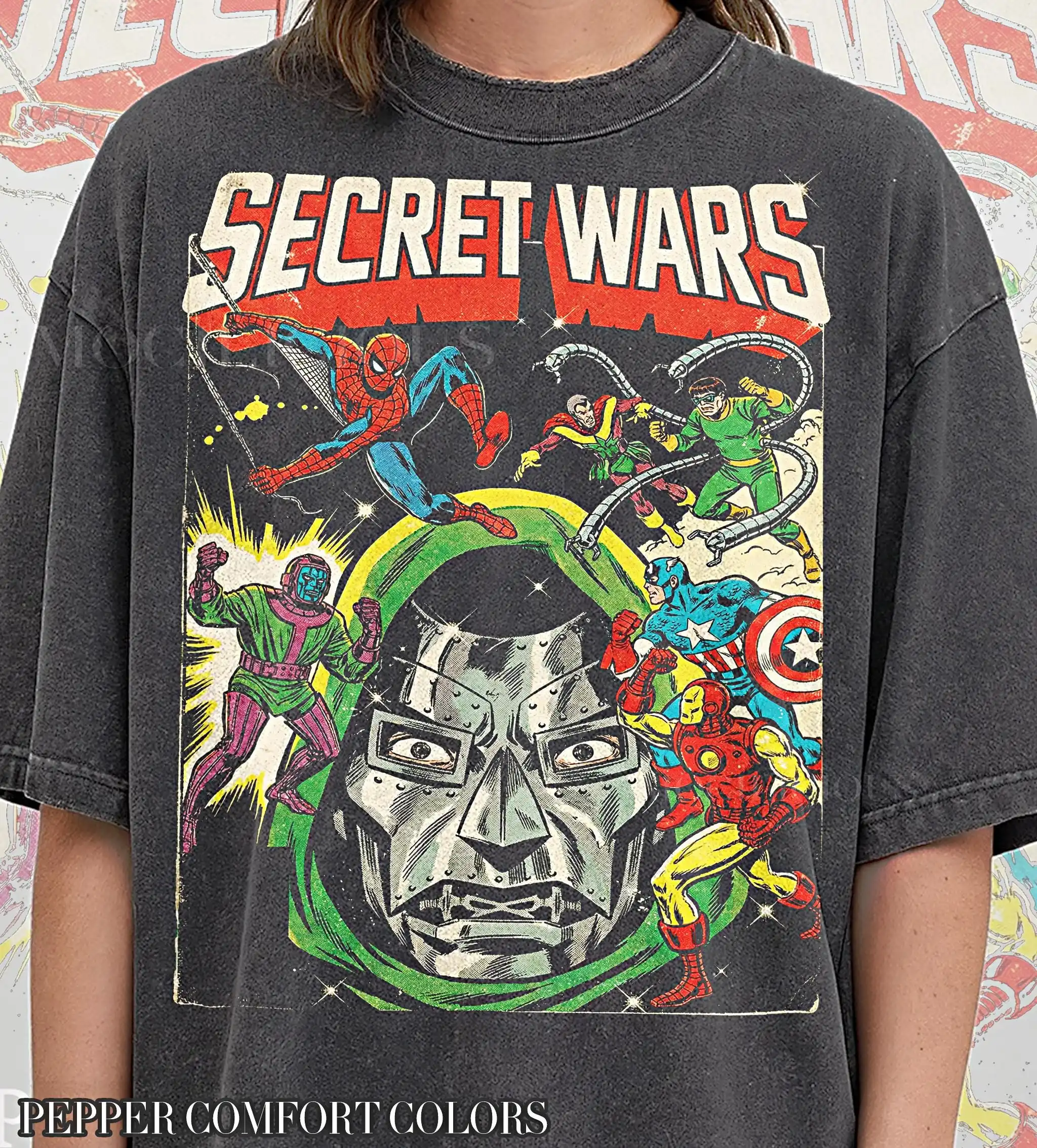 Avengers Secret Wars Graphic T-shirt, Dr Doom 90s Retro Comic Style, Superhero Streetwear Summer Unisex Cotton T-shirt Y2K
