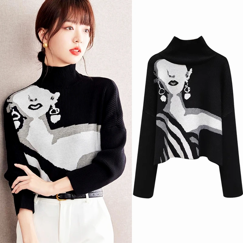 

2025 Autumn Winter Black Mock-neck Pullover Sweater For Women Casual Elegance Knitwear Female Clothing Jumpers SL232
