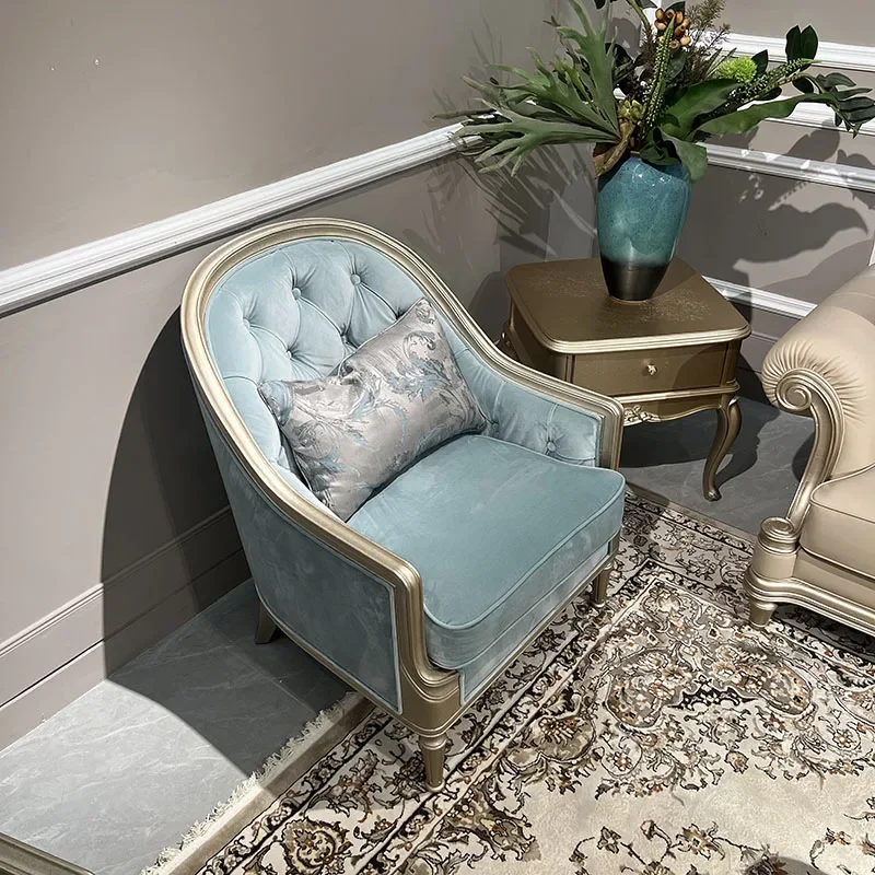 

French single sofa solid wood carving flower leisure chair household furniture fabric chair living room