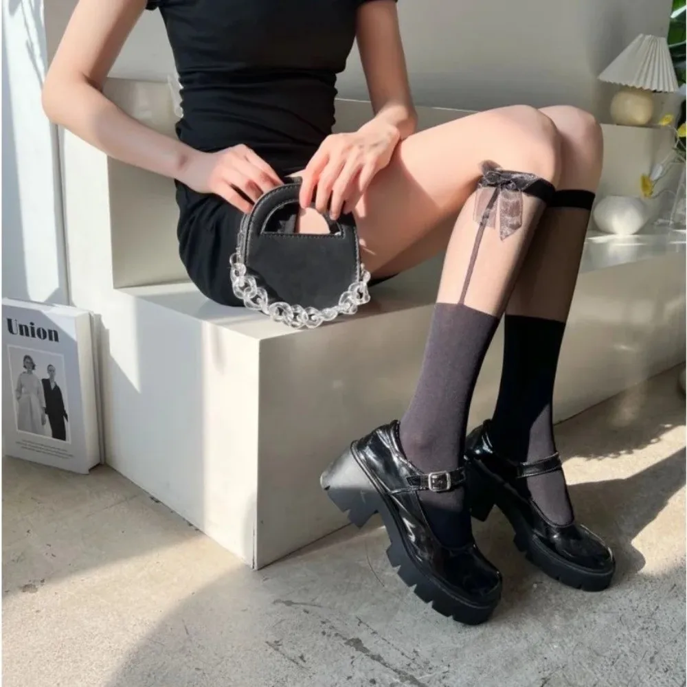 

Transparent Calf Socks Japanese JK Style Knee Sock Sweet Bow Lolita Mid Tube Socks Cute College Kawaii Girls Slim Stockings