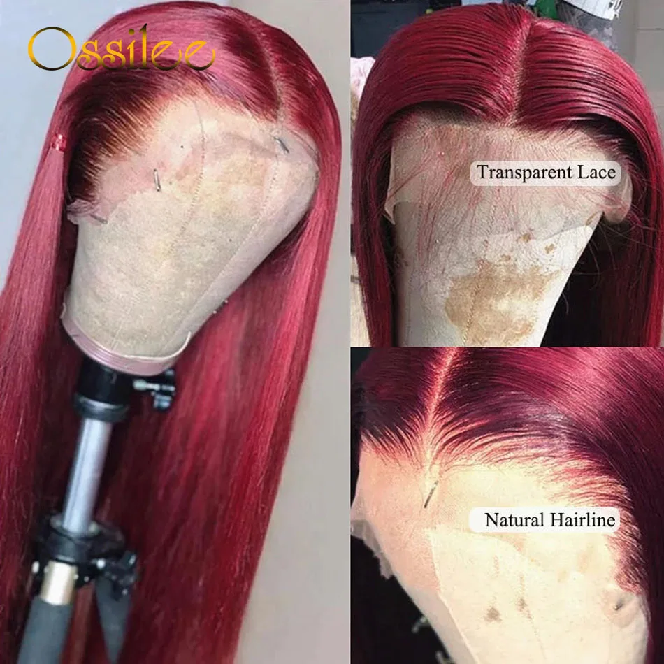 Ossilee-Perruque Lace Front Wig naturelle lisse bordeaux, 13x4, 13x6, pre-plucked, HD, transparente