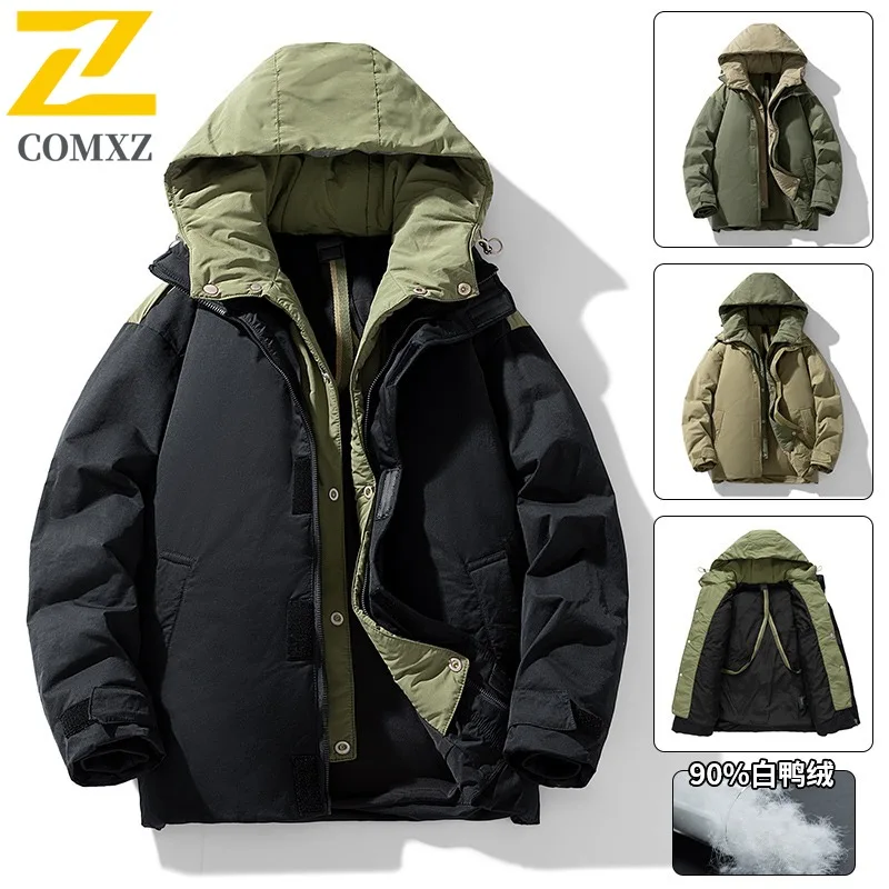 

COMXZ 2025 Down Jacket Men White Duck Down Hiking Thickened Warm Parka Outdoor Climbing Cold Resistant Hooded Puffer Jacket