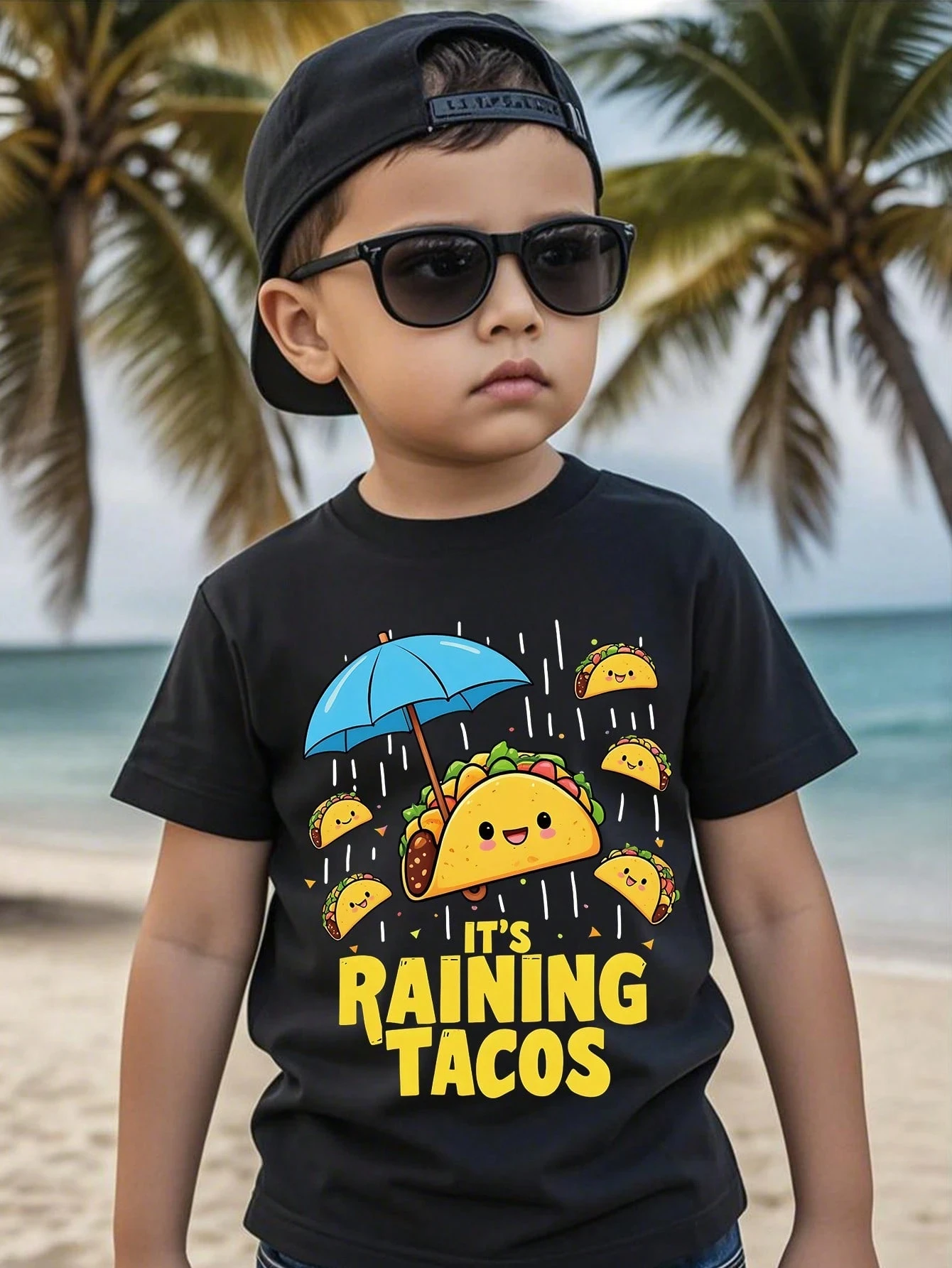 Cute Creative Style Fashion Letter Raining Tacos Print T-Shirt Kids Tee Summer Girl Boy Shirt Casual Tops Crewneck Clothing