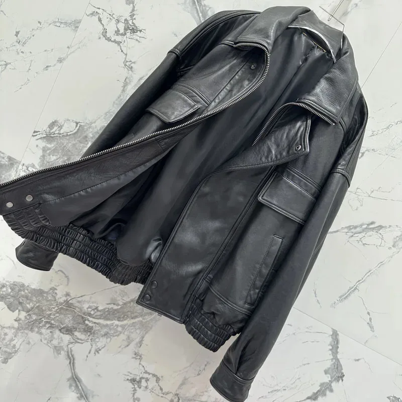 Genuine Leather Jacket Short Turn-Down Collar Clothes Drop Shoulder Sleeves Casual Style Women Coat Spring Autumn