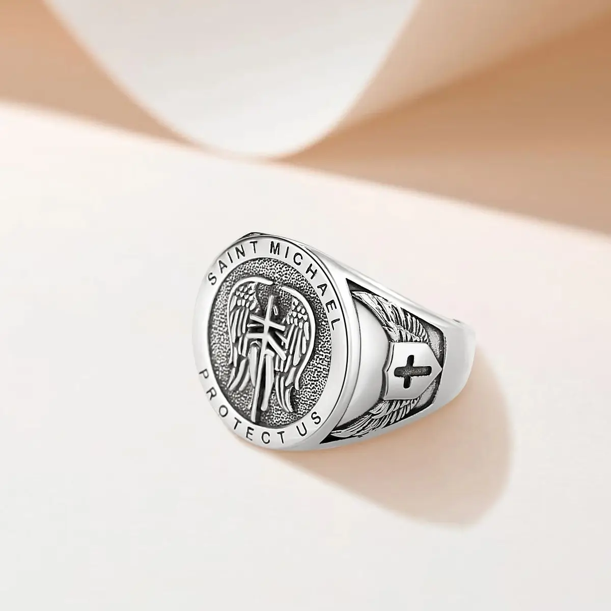 Eudora 925 Sterling Silver St. Michael archangel Adjustable Ring Retro Saint Michael Amulet Ring Religious Jewelry Gift for Man